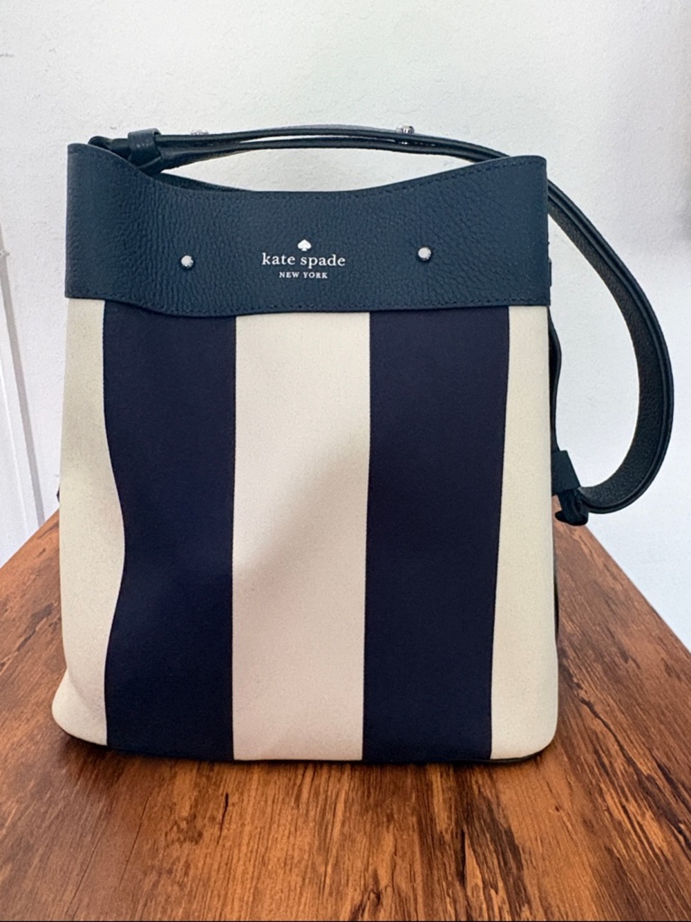 BNWOT. Kate Spade Stripe Jacquard Blazer Blue and Cream Bucket Handbag